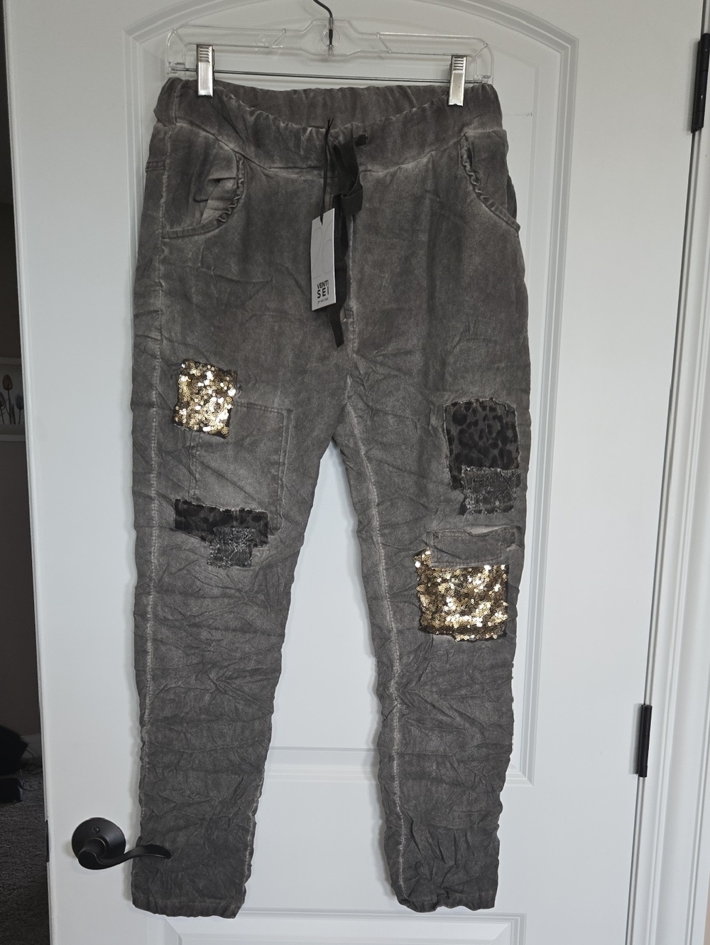 Venti6 Gray Sequin Patch Crinkle Jogger Pants - Venti Sei Premium NWT